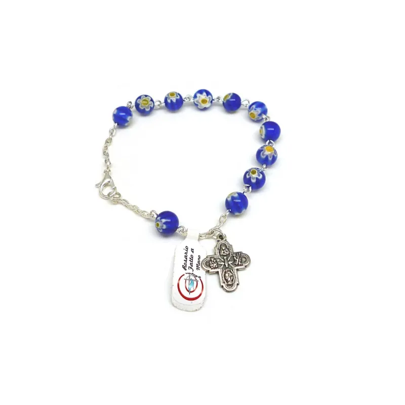 Floral glass rosary bracelet 8mm blue