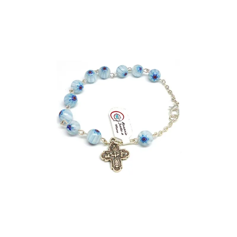 Floral glass rosary bracelet 8mm light blue