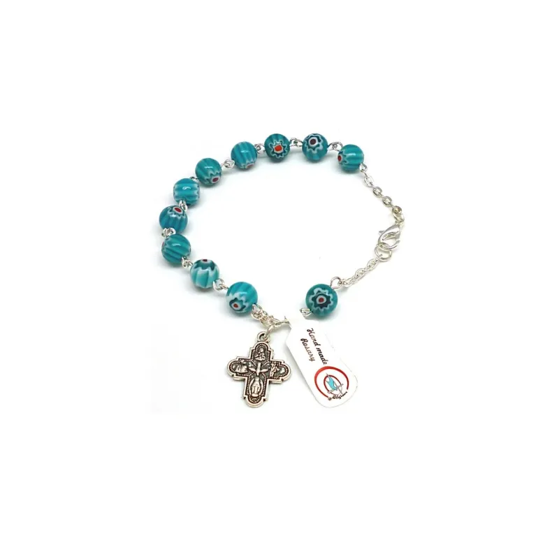 Floral glass rosary bracelet 8mm turquoise